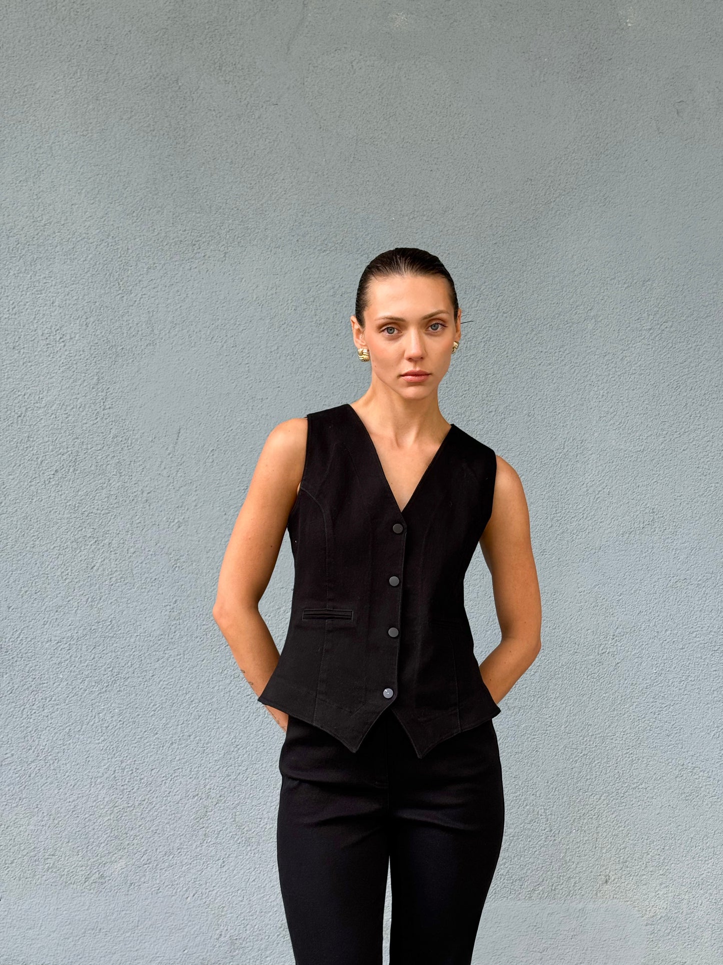 Siyah Bayan Likralı Yelek