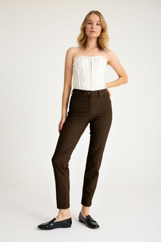 Kadın Yüksek Bel Vücut Toparlayıcı Örme Pantolon - Kahve