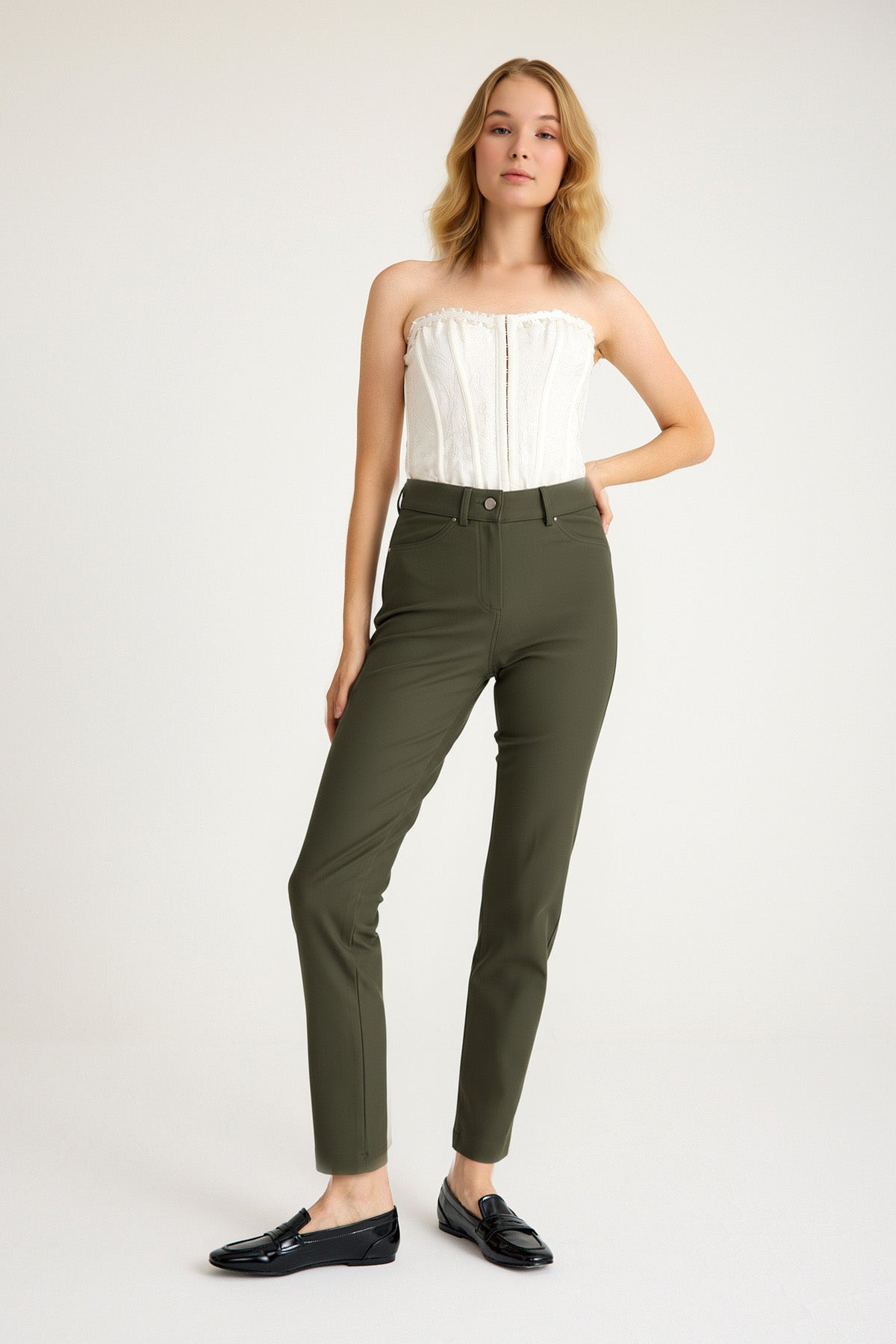 Kadın Yüksek Bel Vücut Toparlayıcı Örme Pantolon - Haki