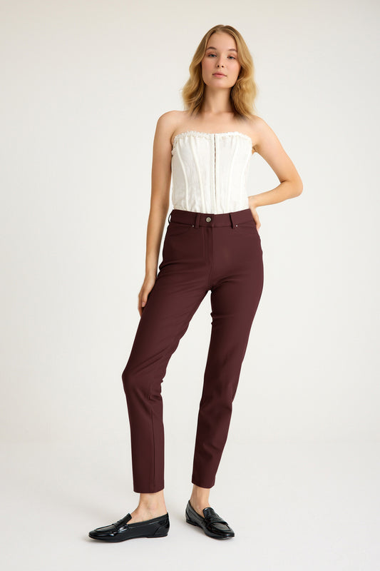 Kadın Yüksek Bel Vücut Toparlayıcı Örme Pantolon - Mürdüm