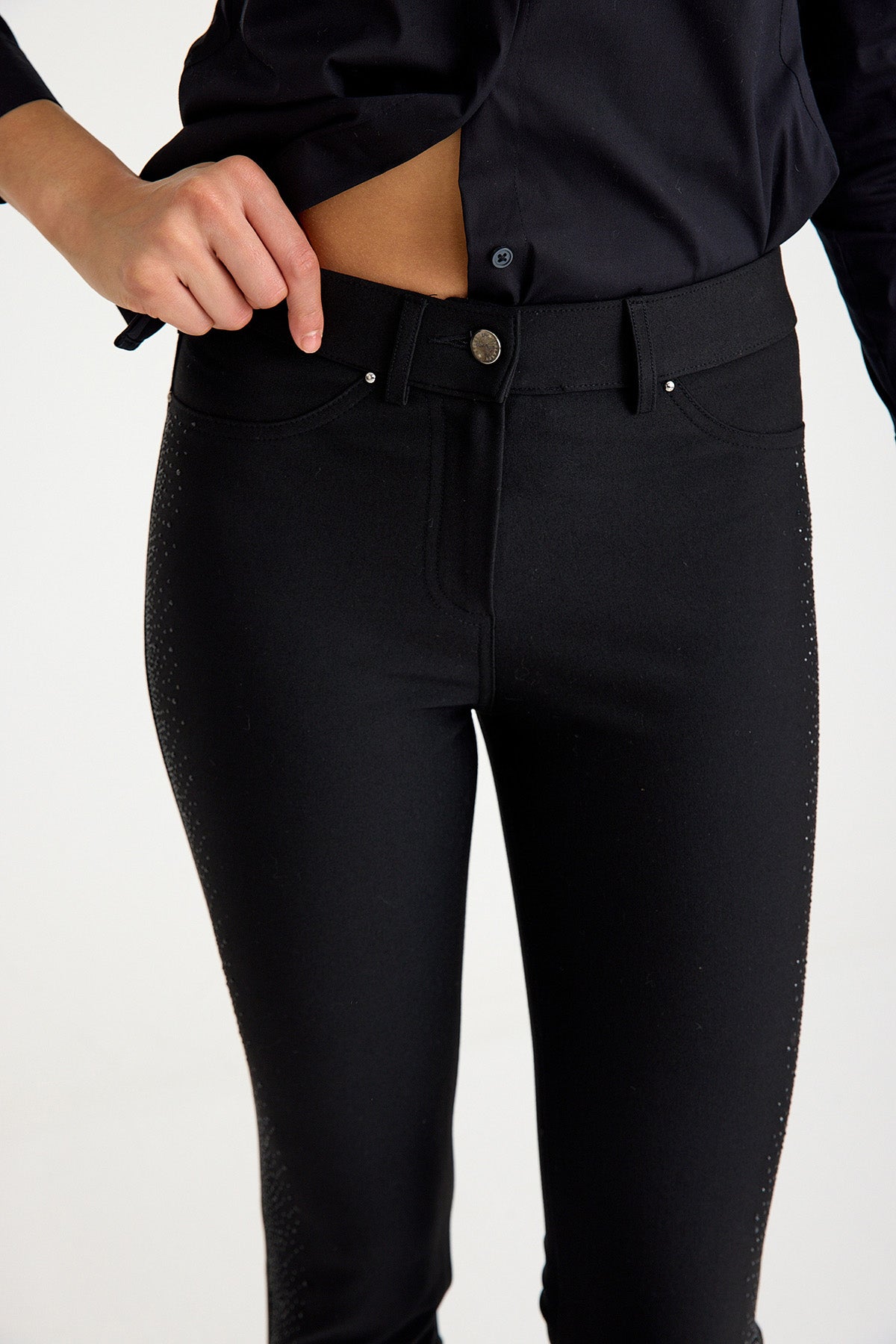 Kadın Siyah Yüksek Bel Vücut Toparlayıcı Kalın Çelik Örme Yanları Taşlı Pantolon