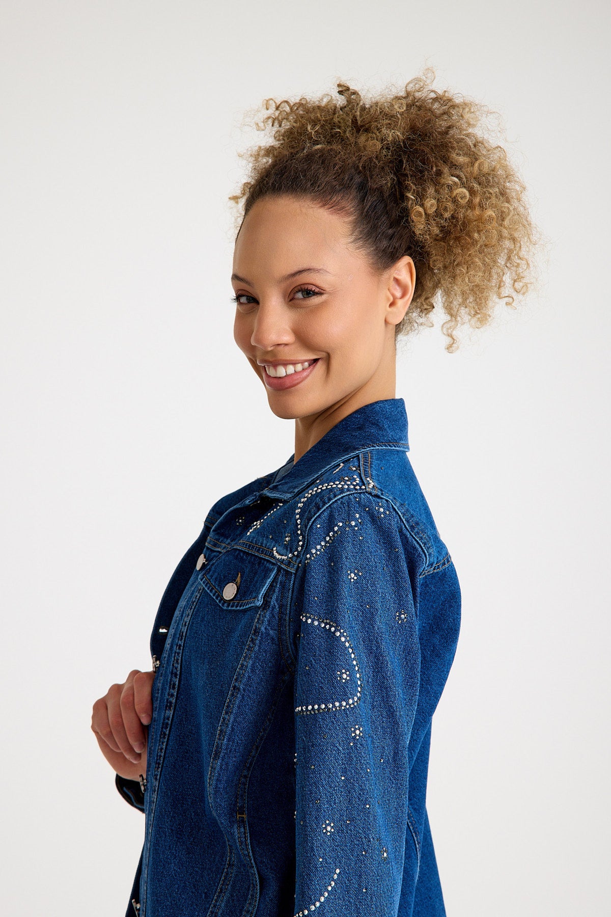 Galaxy Taş Detaylı Oversize Denim Ceket – Koyu Mavi