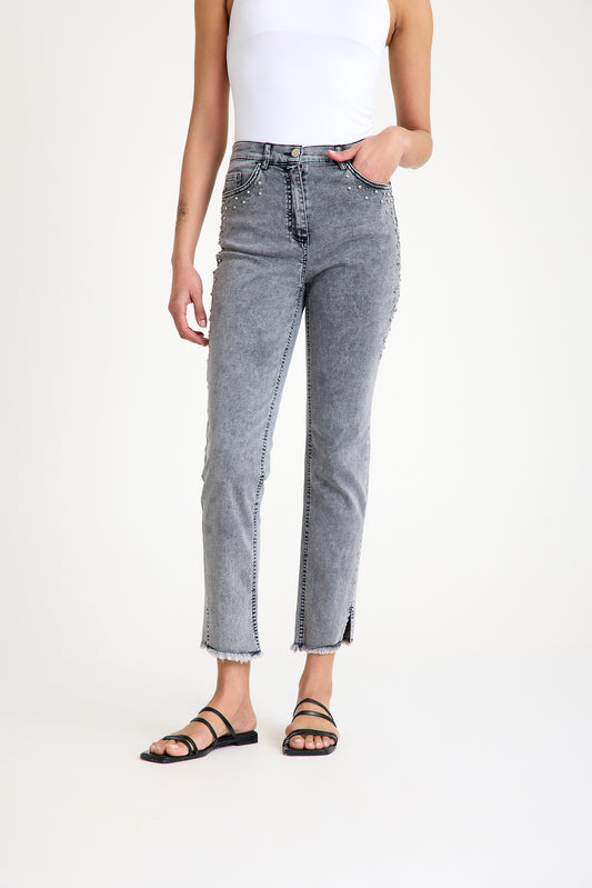 Yüksek Bel Esnek Taş İşleme Detaylı Gri Slim Jeans