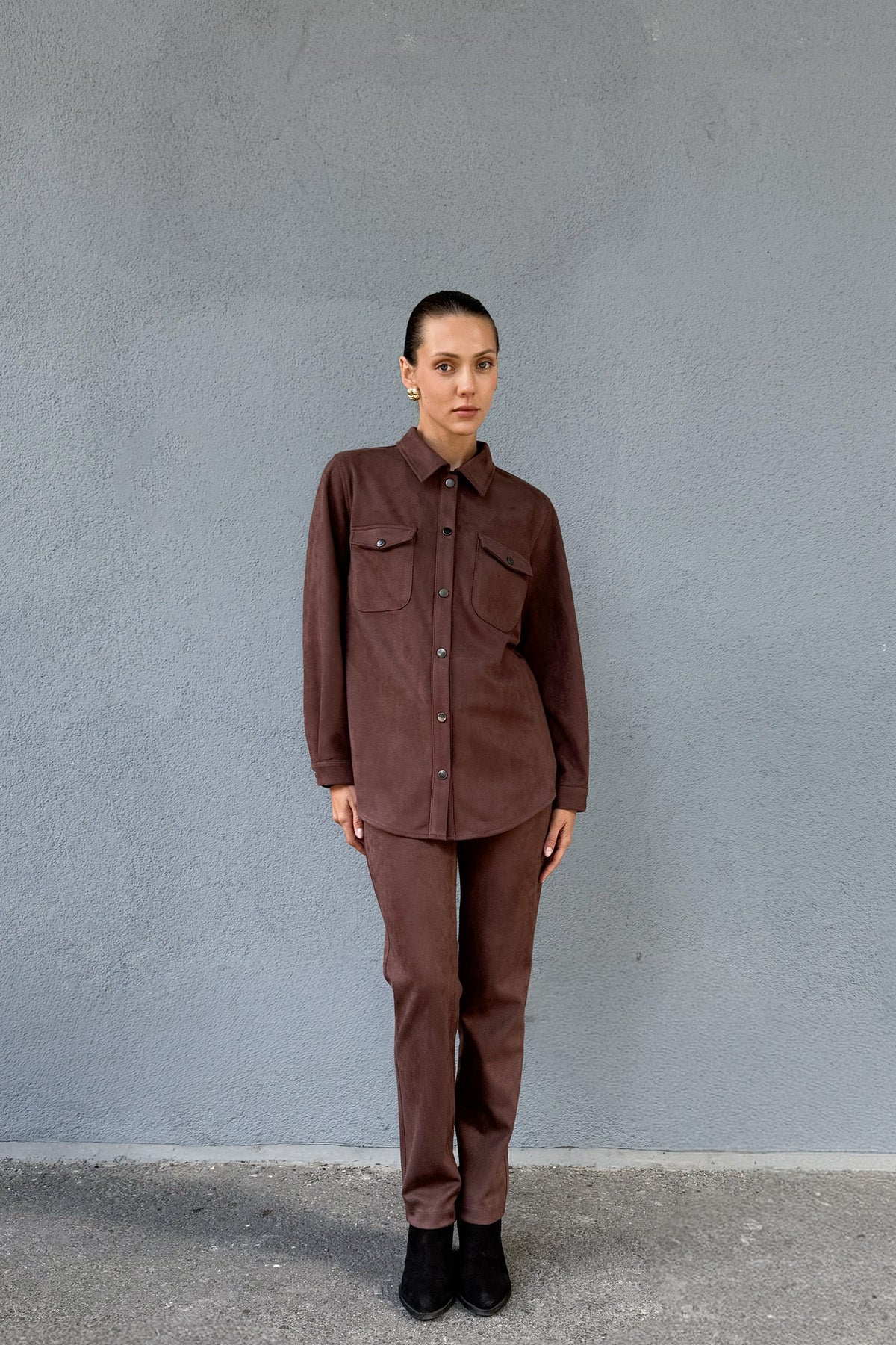 Kahve Kadın Süet Bol Kalıp Gömlek Ceket