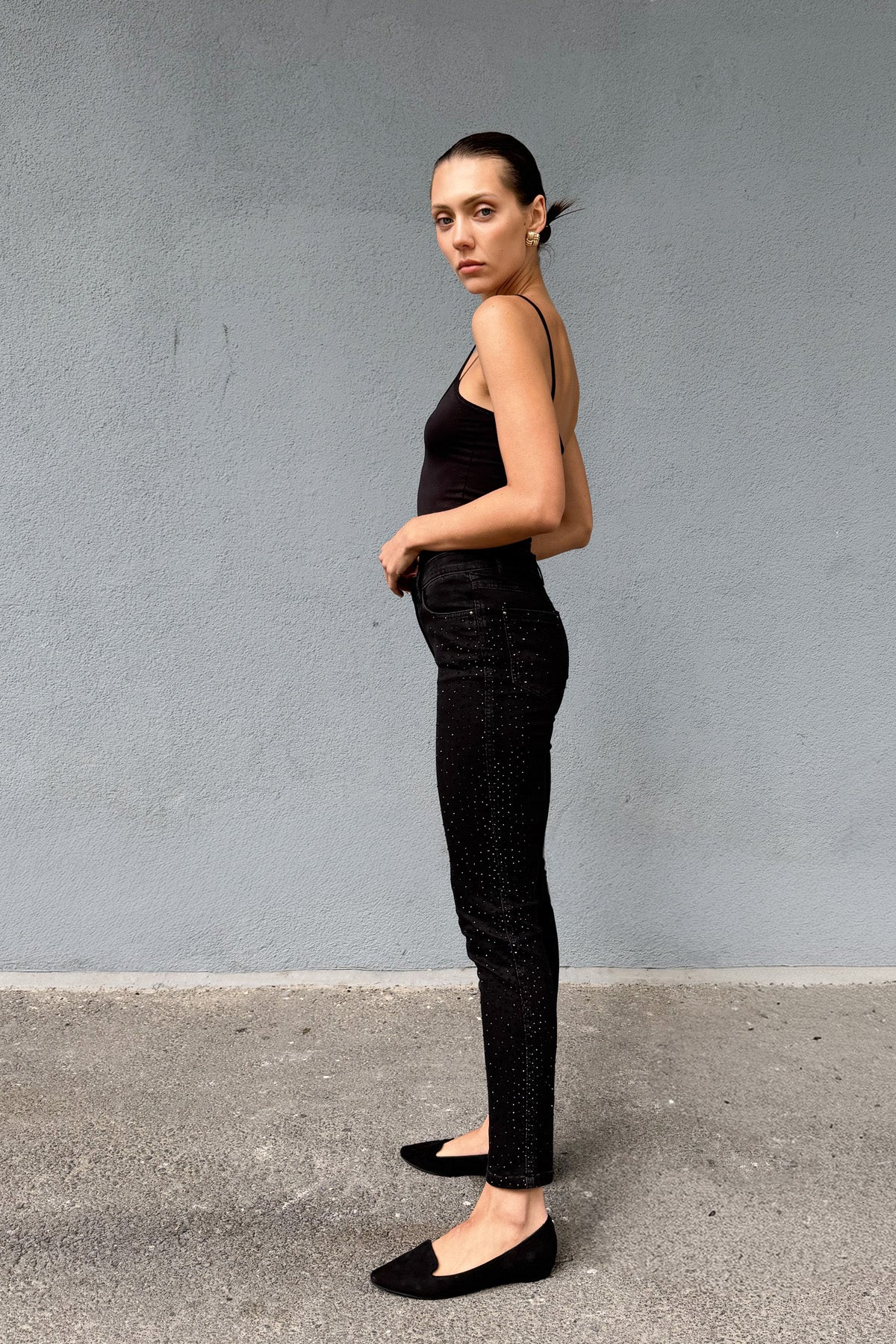 Taş Detaylı Yüksek Bel Likralı Kot Pantolon