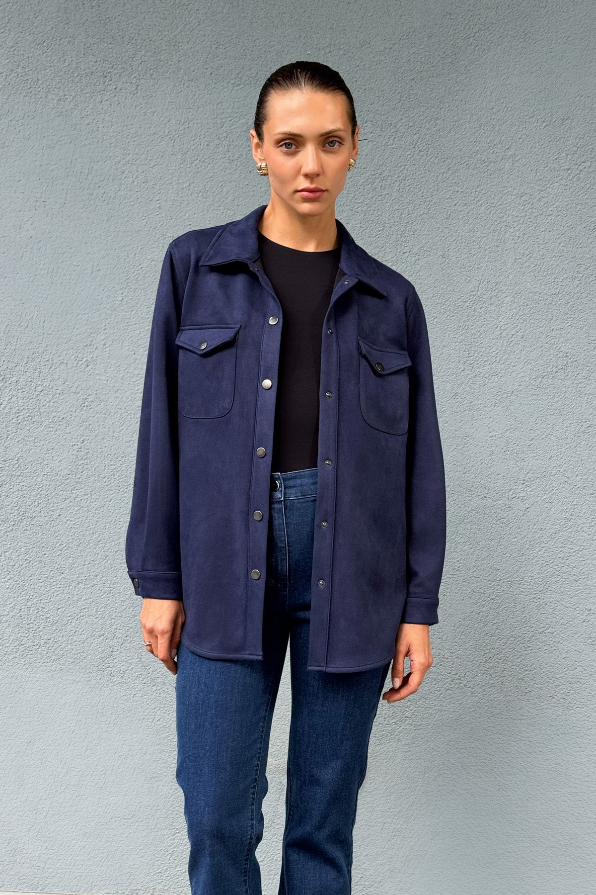 Lacivert Kadın Süet Bol Kalıp Gömlek Ceket
