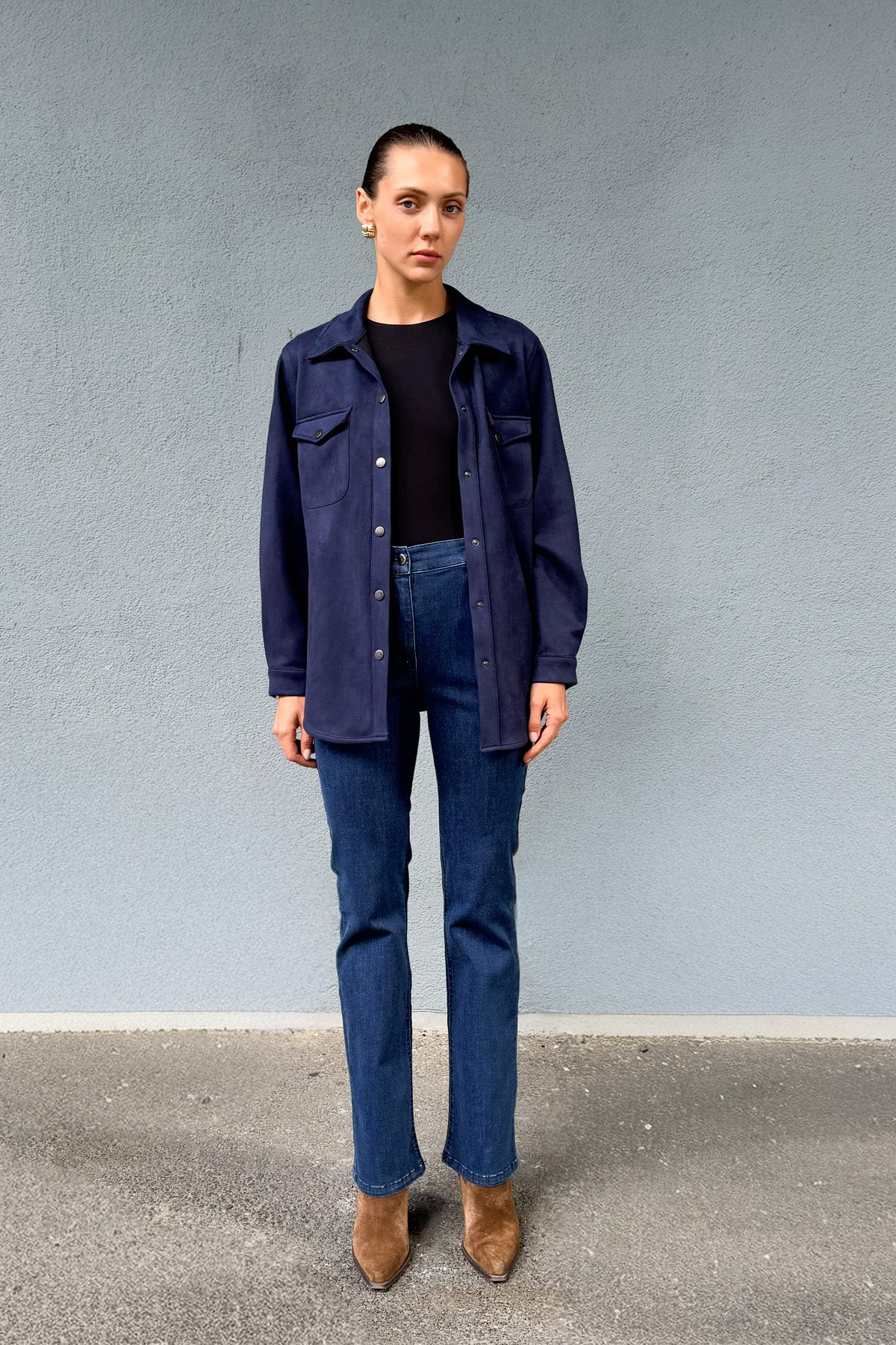 Lacivert Kadın Süet Bol Kalıp Gömlek Ceket