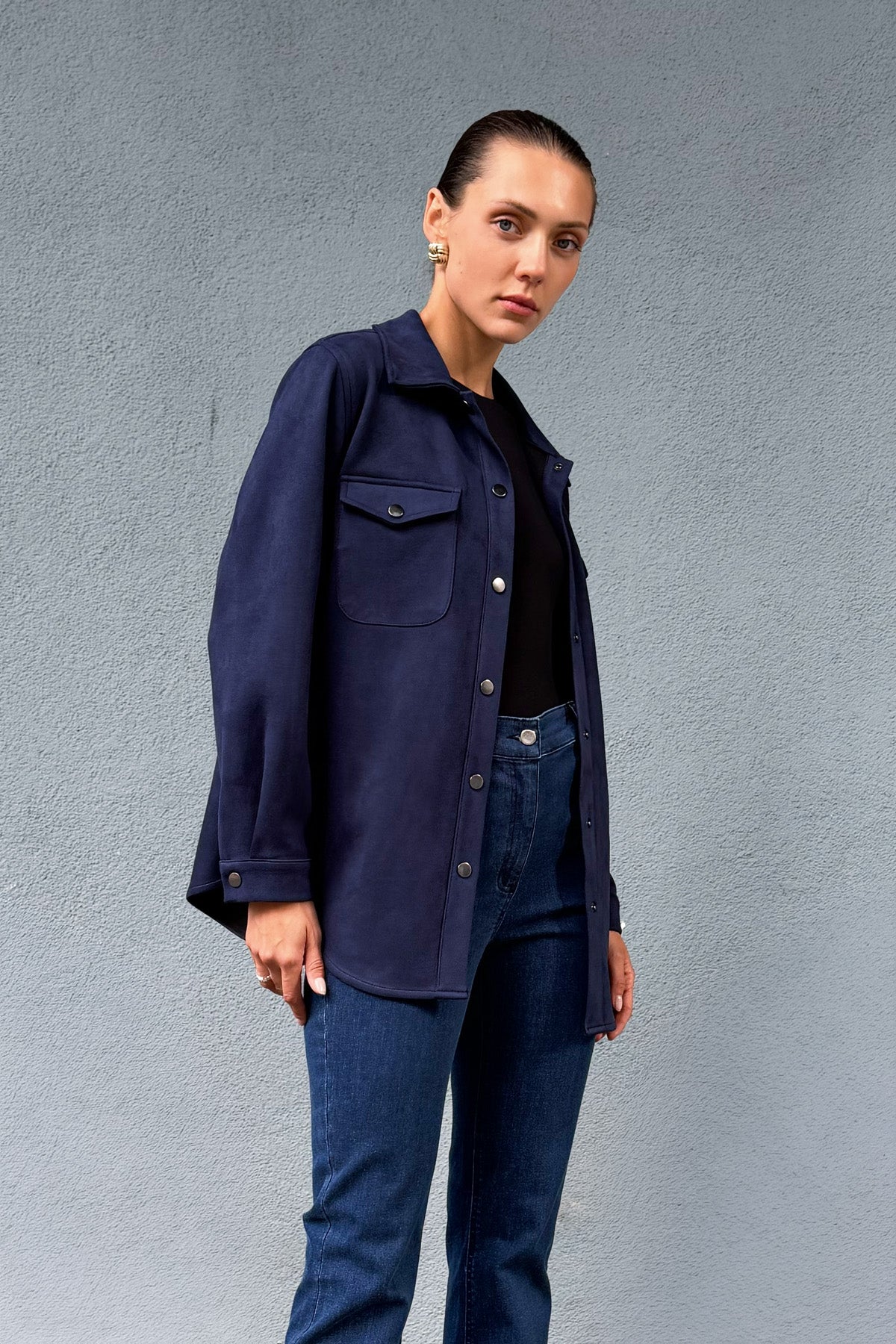 Lacivert Kadın Süet Bol Kalıp Gömlek Ceket