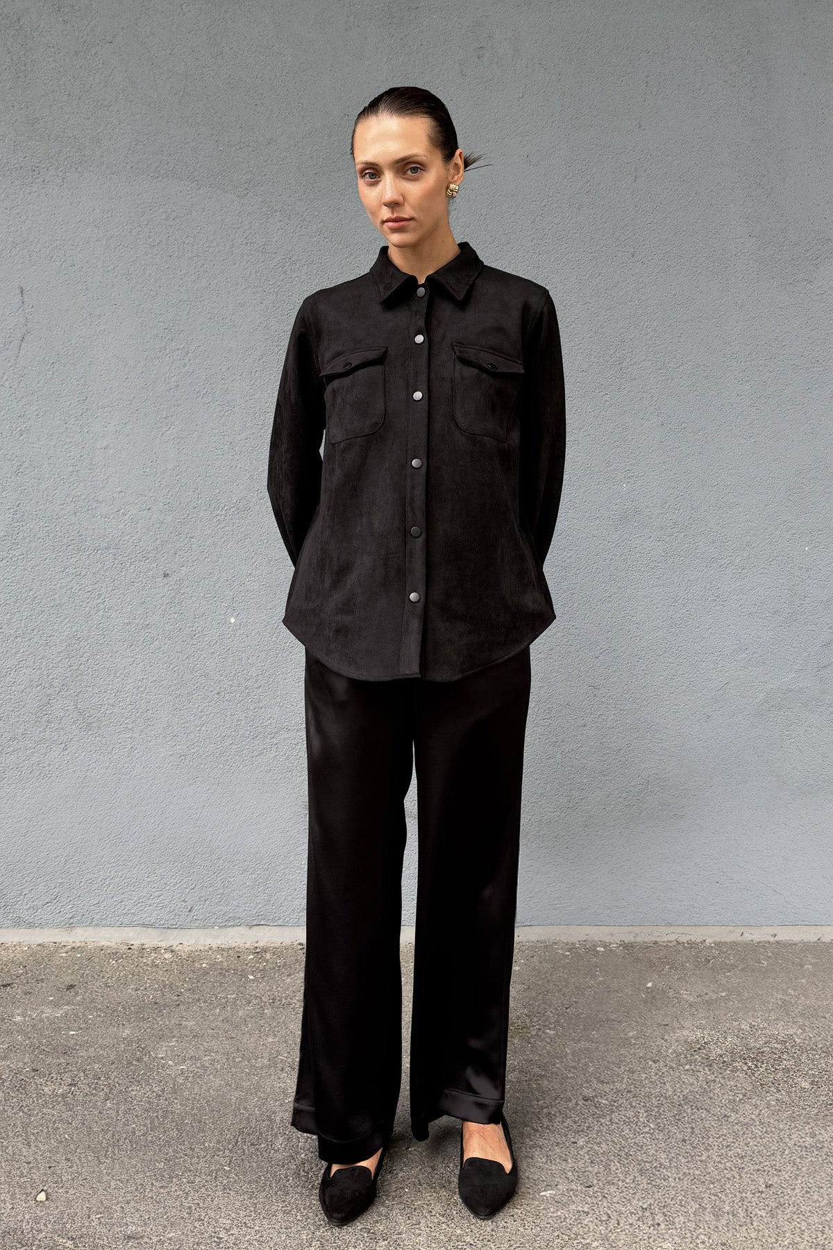 Siyah Kadın Süet Bol Kalıp Gömlek Ceket