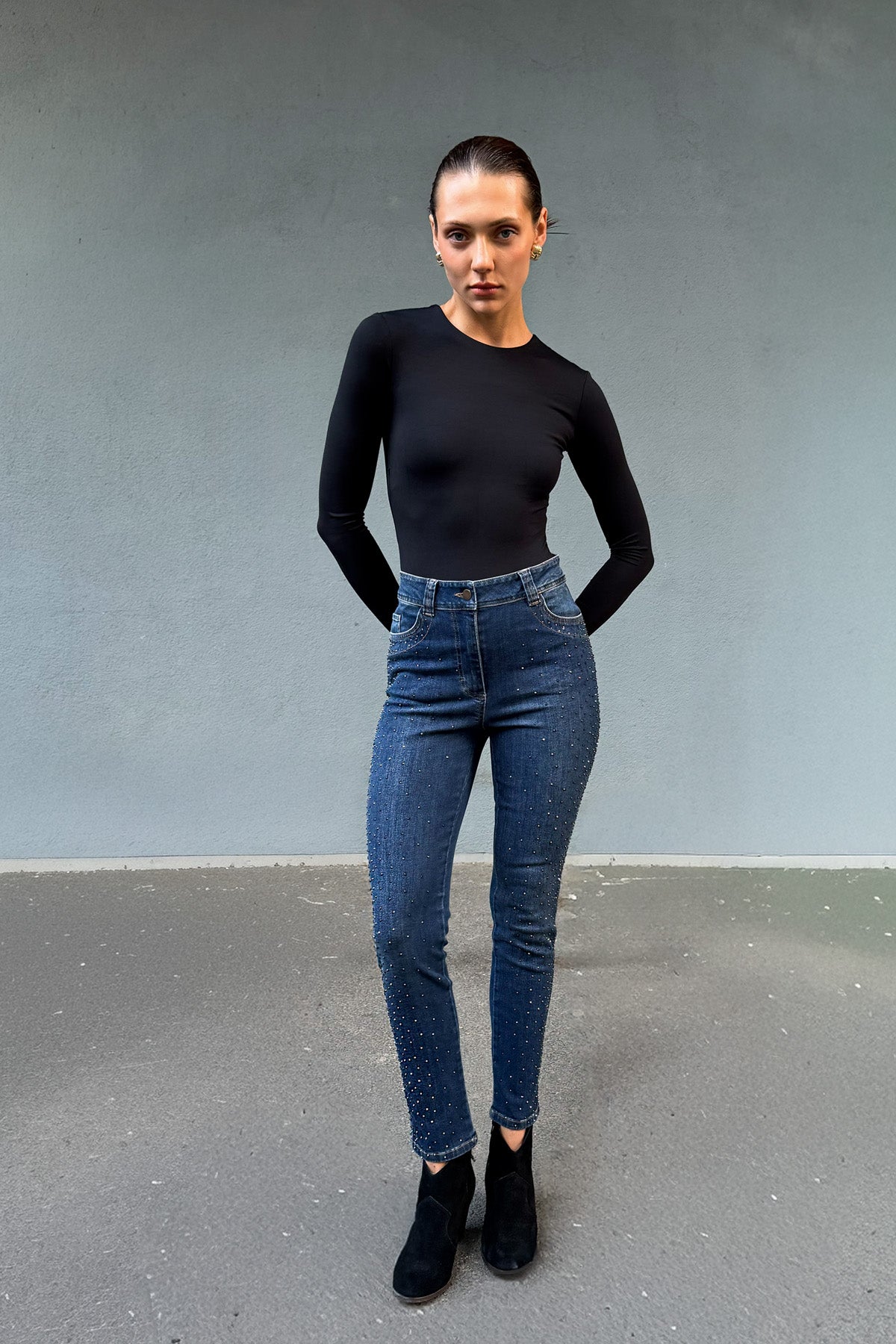 Taş Detaylı Mavi Yüksek Bel Likralı Kot Pantolon