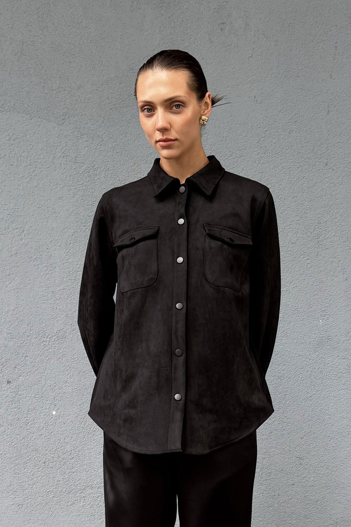 Siyah Kadın Süet Bol Kalıp Gömlek Ceket