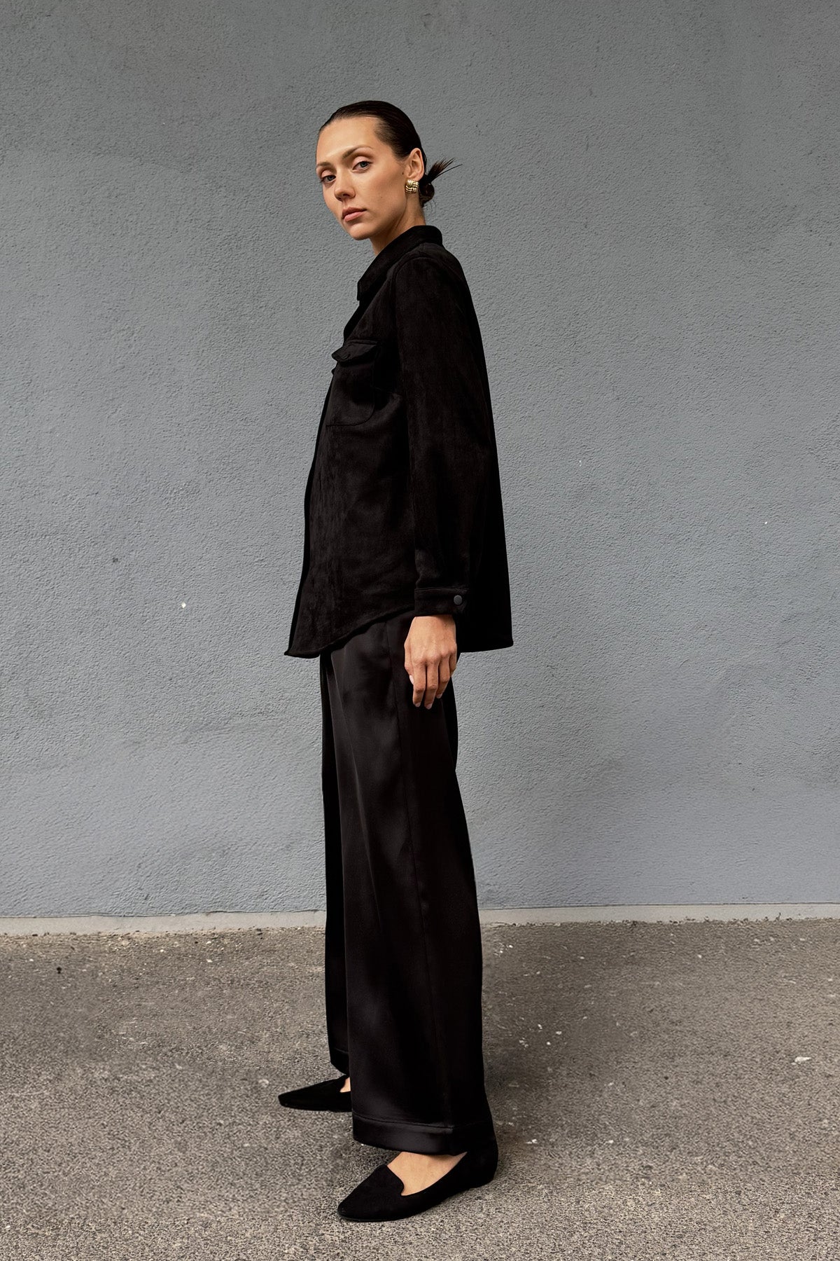 Siyah Kadın Süet Bol Kalıp Gömlek Ceket