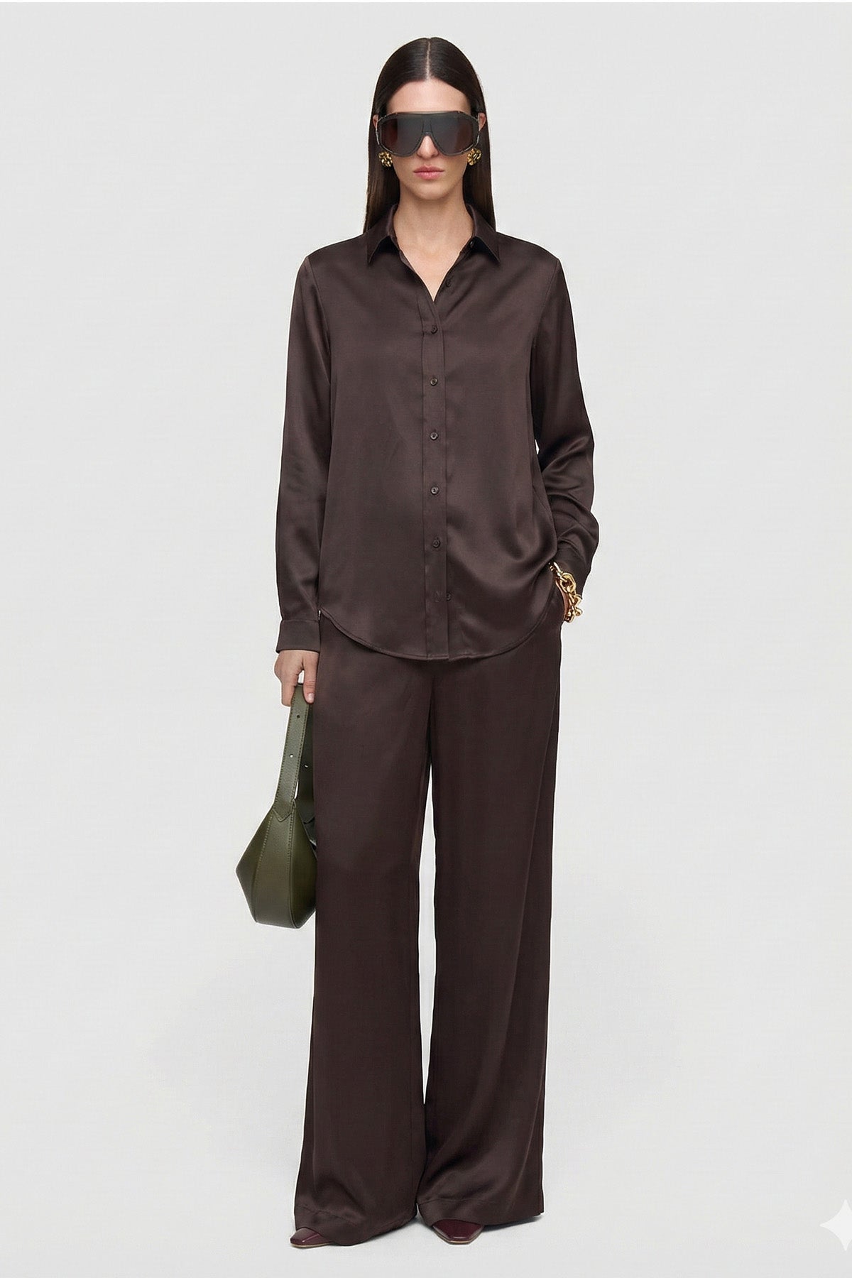 Kadın Kahve Yumuşak Saten Gömlek