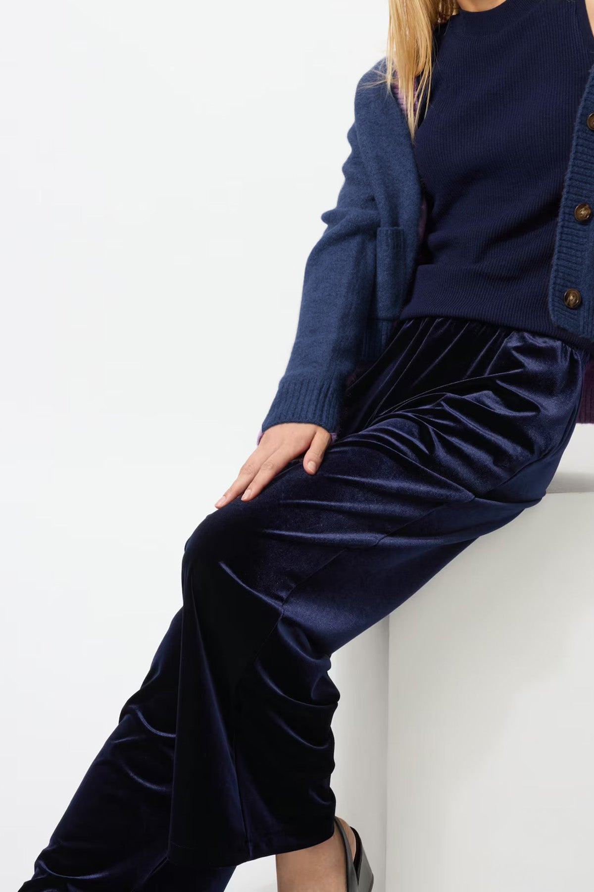 Beli Lastikli Bol Paça Lacivert Kadife Pantolon