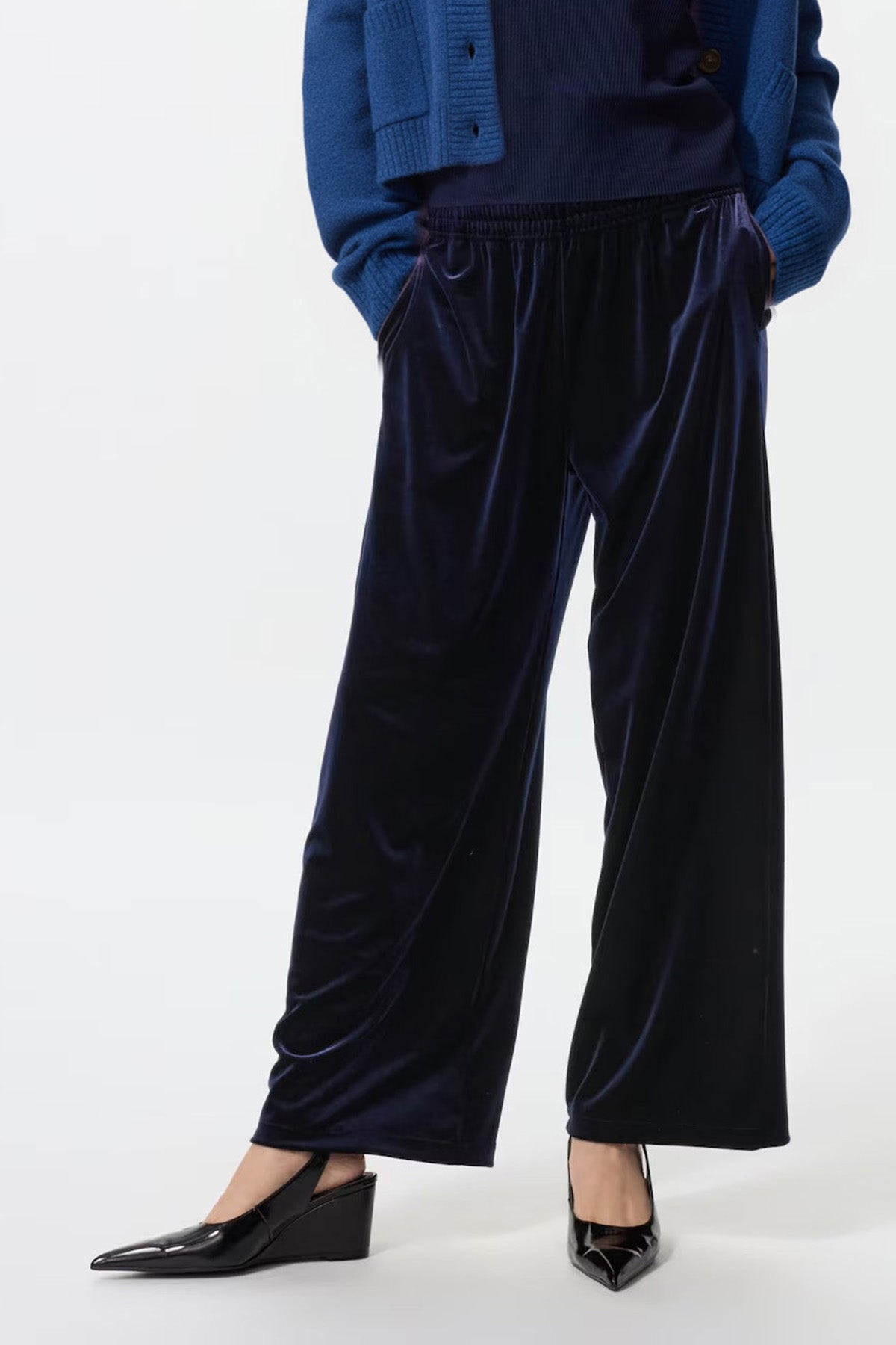 Beli Lastikli Bol Paça Lacivert Kadife Pantolon