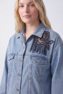 İşlemeli Açık Mavi Denim Ceket