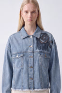 İşlemeli Açık Mavi Denim Ceket