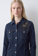 İndigo İşlemeli Rahat Kalıp Denim Ceket