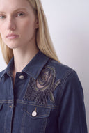 İndigo İşlemeli Rahat Kalıp Denim Ceket