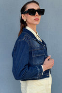 Taş İşlemeli Bol Kalıp Kısa Denim Ceket