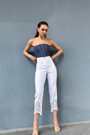 High Waist Bootcut Elastane Slim Trousers with Ankle Embroidery Detail