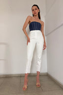 Women's High Waisted Bootcut Pants with White Embroidered Hems
