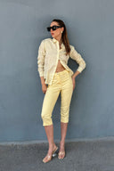 High-Waisted Light Yellow Cotton Capri Pants