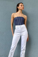 High Waist Bootcut Elastane Slim Trousers with Ankle Embroidery Detail