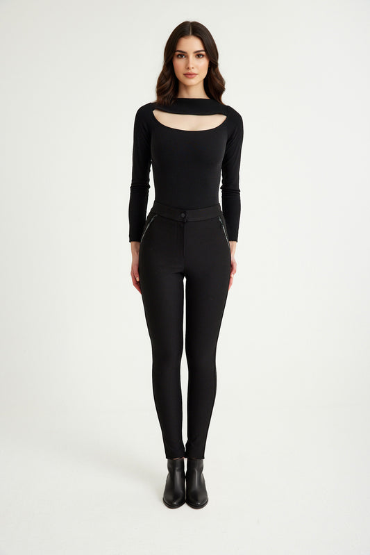 Siyah Yüksek Bel Tok Örme Kumaş Tayt Pantolon