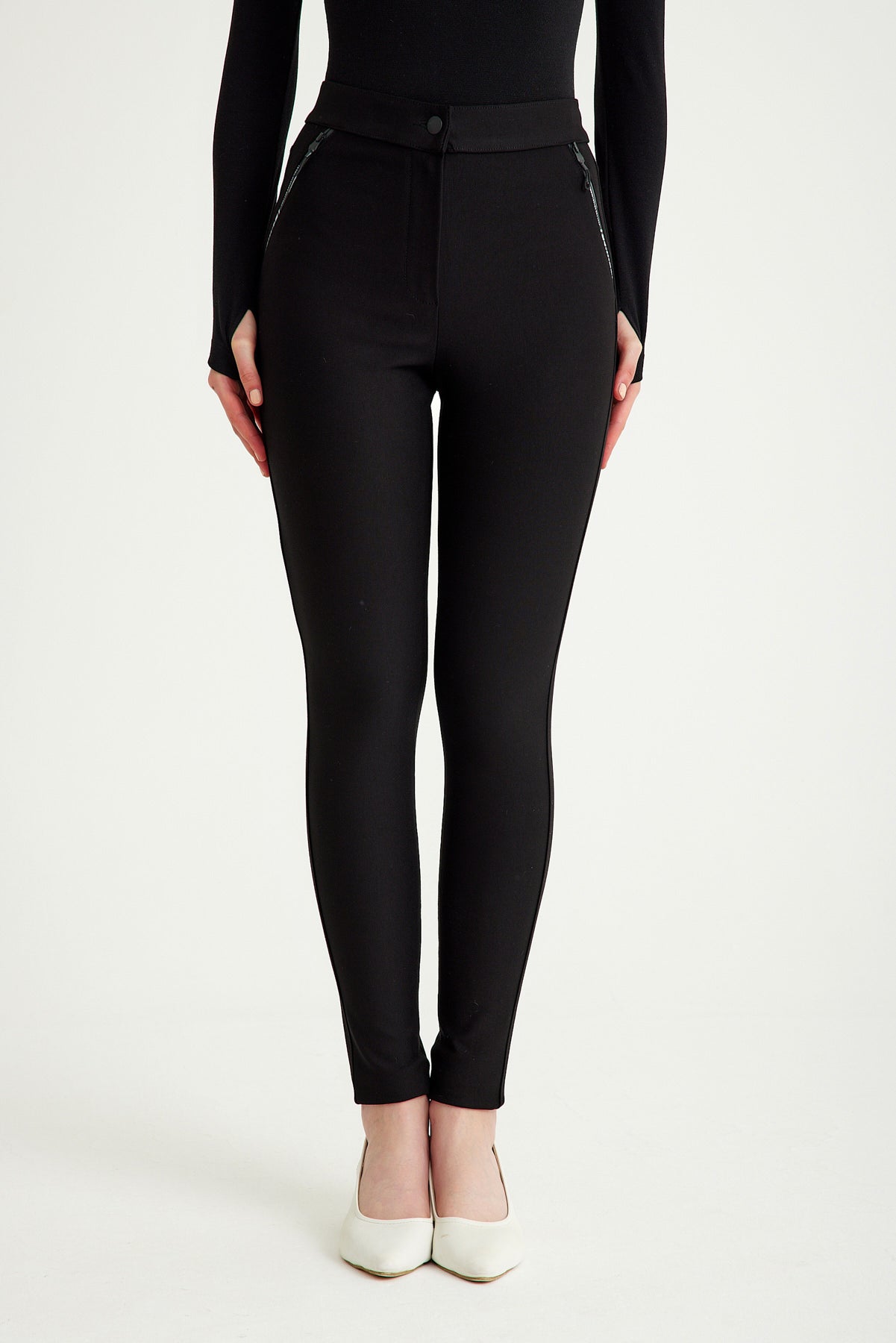 Siyah Yüksek Bel Tok Örme Kumaş Tayt Pantolon