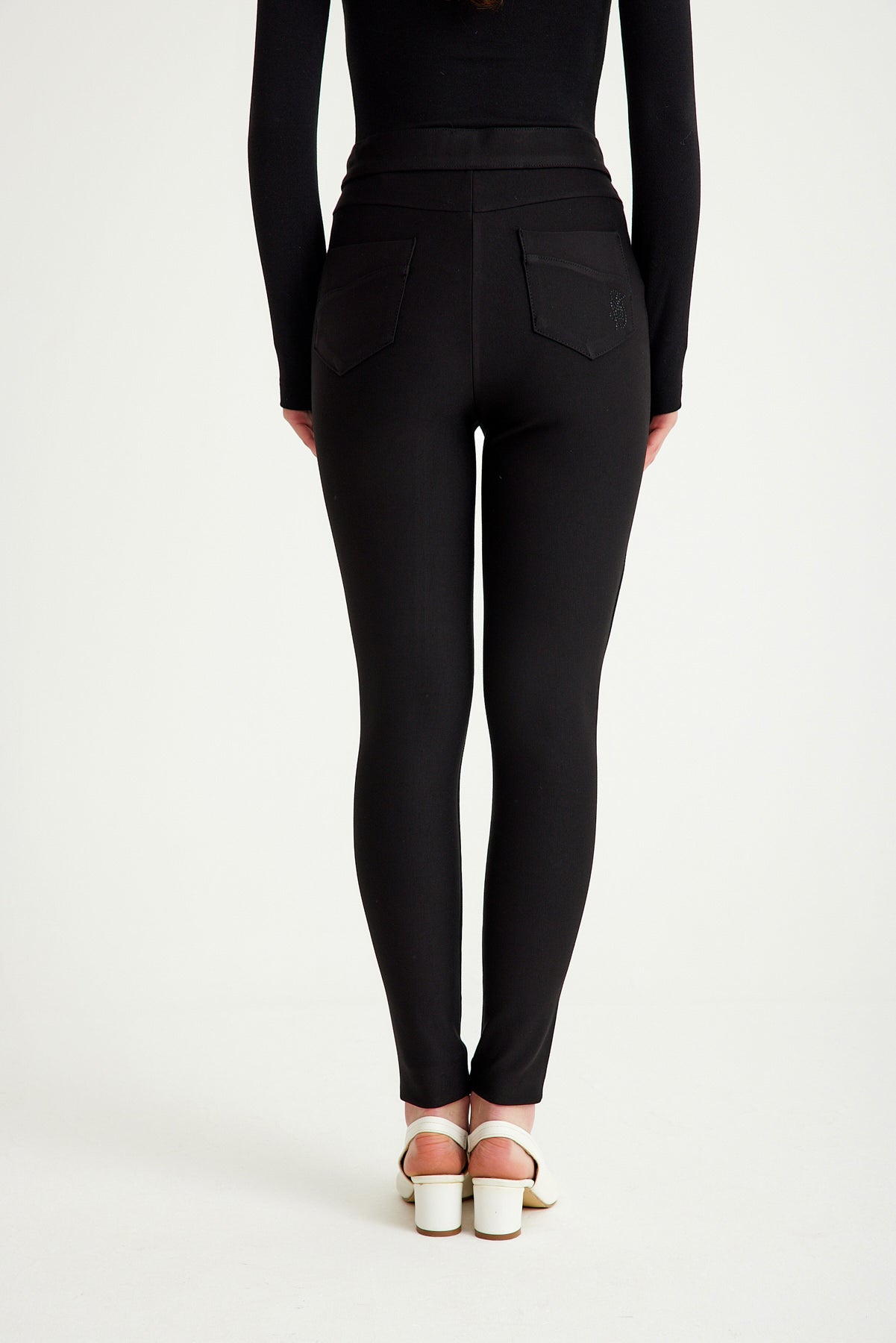 Siyah Yüksek Bel Tok Örme Kumaş Tayt Pantolon