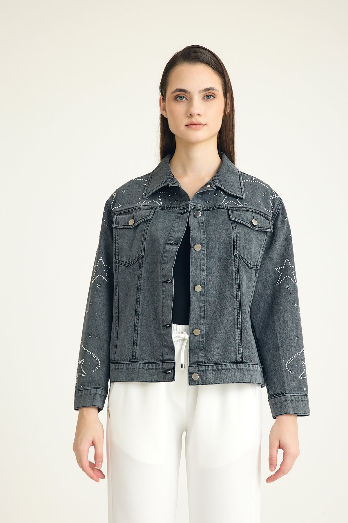 Galaxy Taş Detaylı Oversize Denim Ceket – Gri