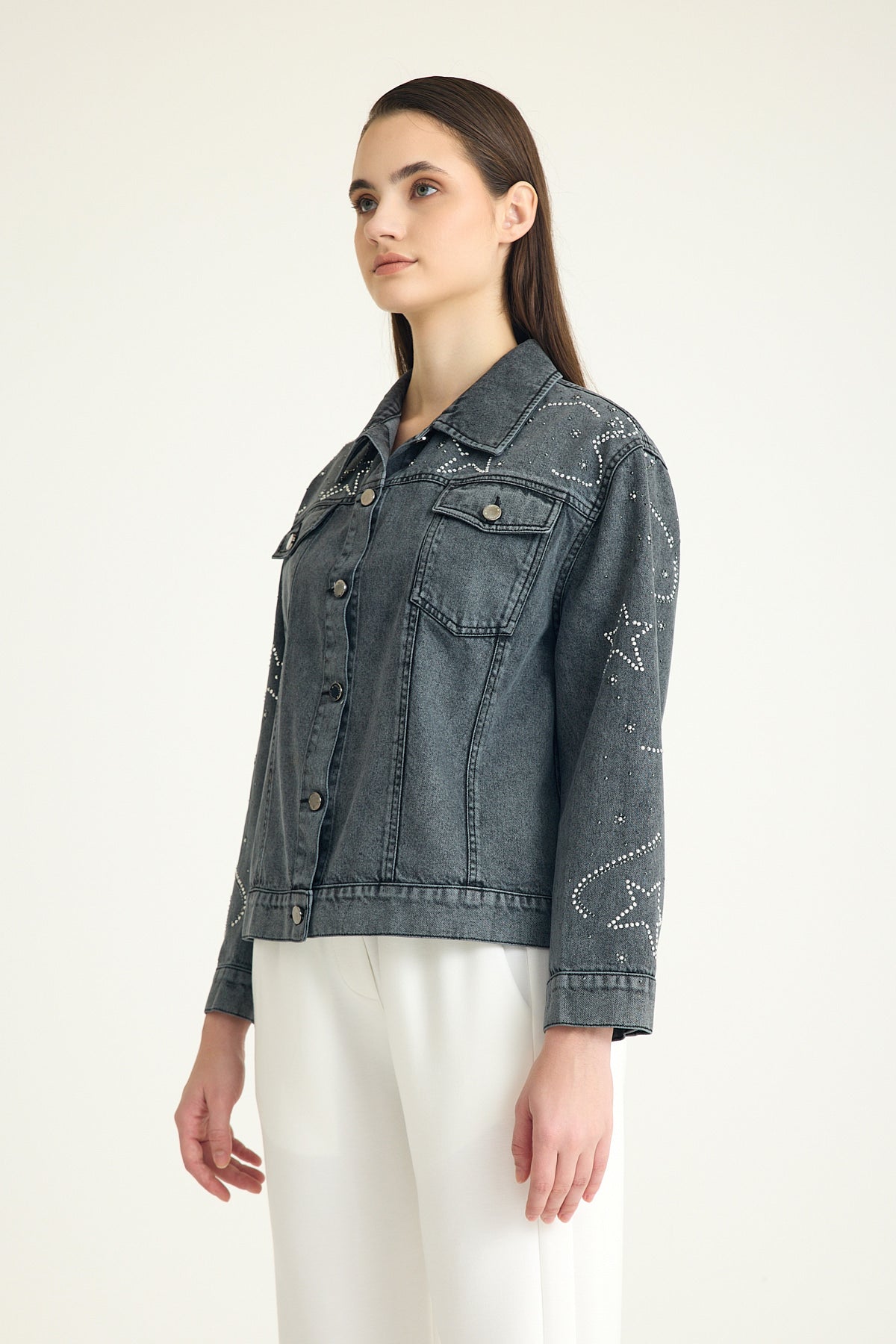 Galaxy Taş Detaylı Oversize Denim Ceket – Gri