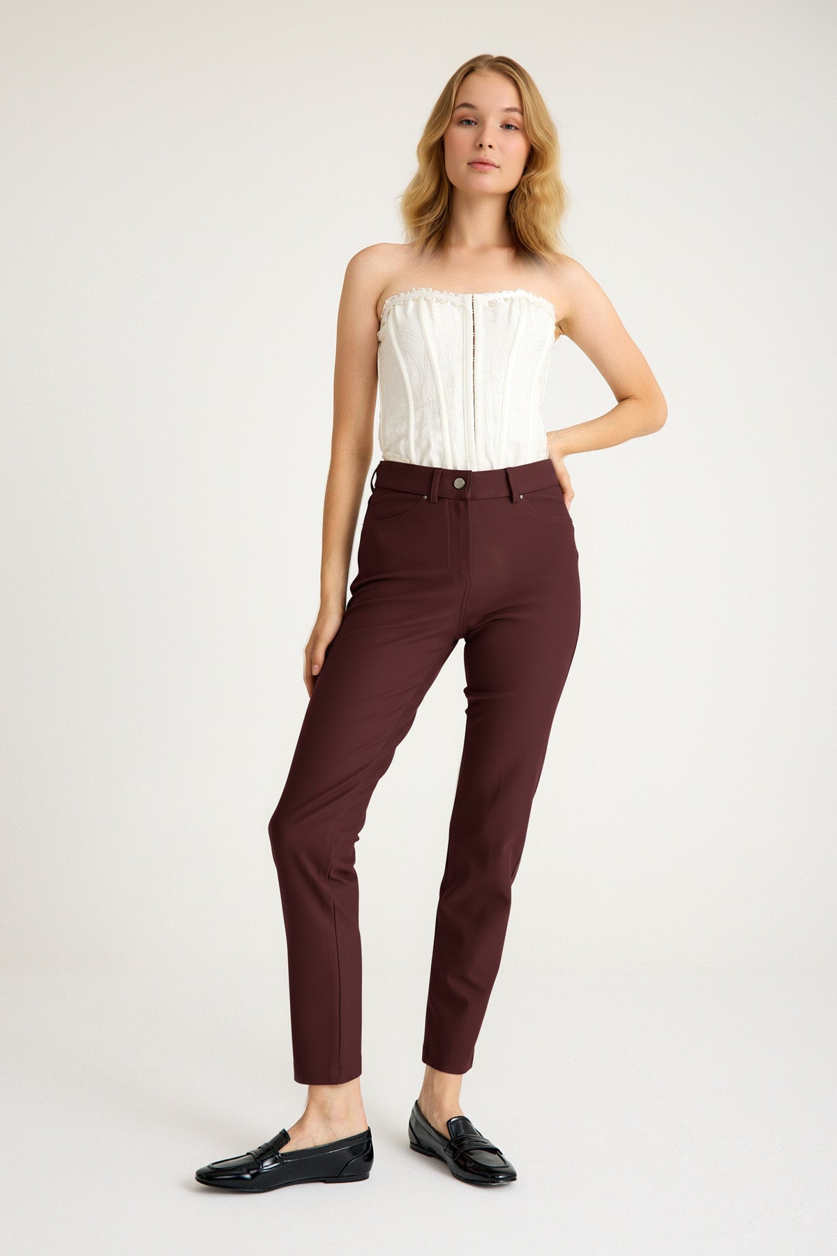 Kadın Yüksek Bel Vücut Toparlayıcı Örme Pantolon - Mürdüm