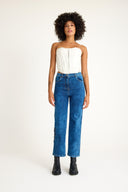 Kadın Yüksek Bel Likralı İşlemeli Mavi Jeans - Devon