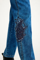 Kadın Yüksek Bel Likralı İşlemeli Mavi Jeans - Devon