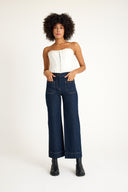 Yüksek Bel Geniş Paça Cep Detaylı Su Yıkamalı Flare Jeans