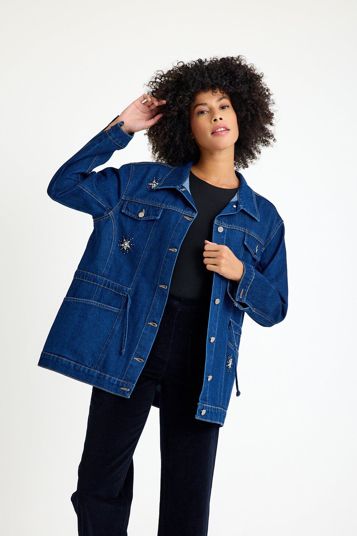 Oversize Fit Denim Ceket İşleme Detaylı