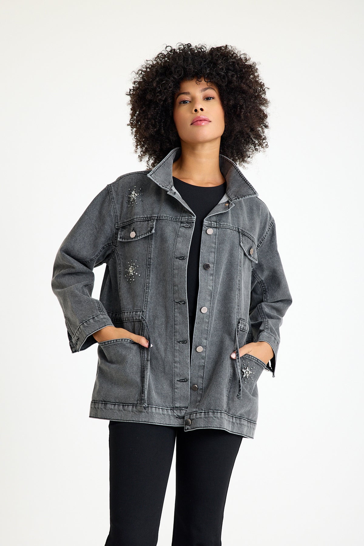 Oversize Fit Denim Ceket Gri İşleme Detaylı