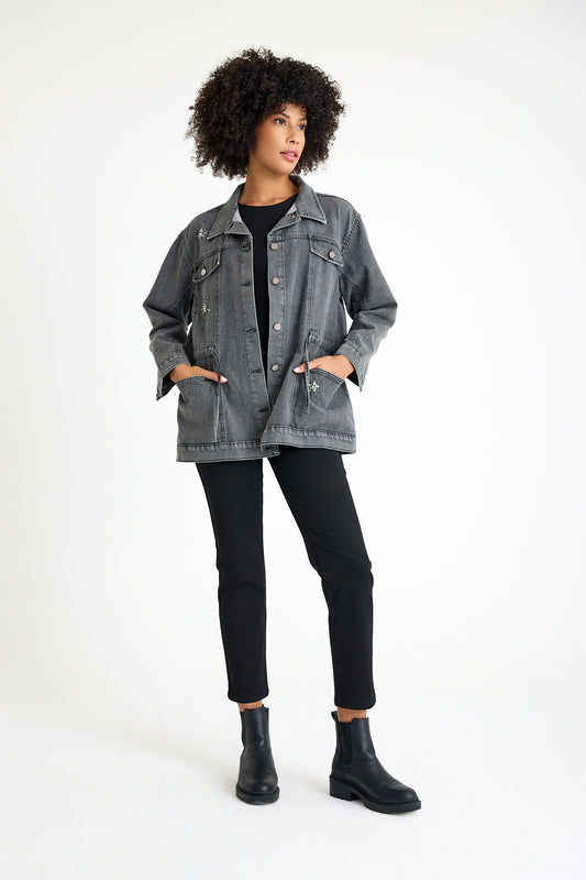 Oversize Fit Denim Ceket Gri İşleme Detaylı