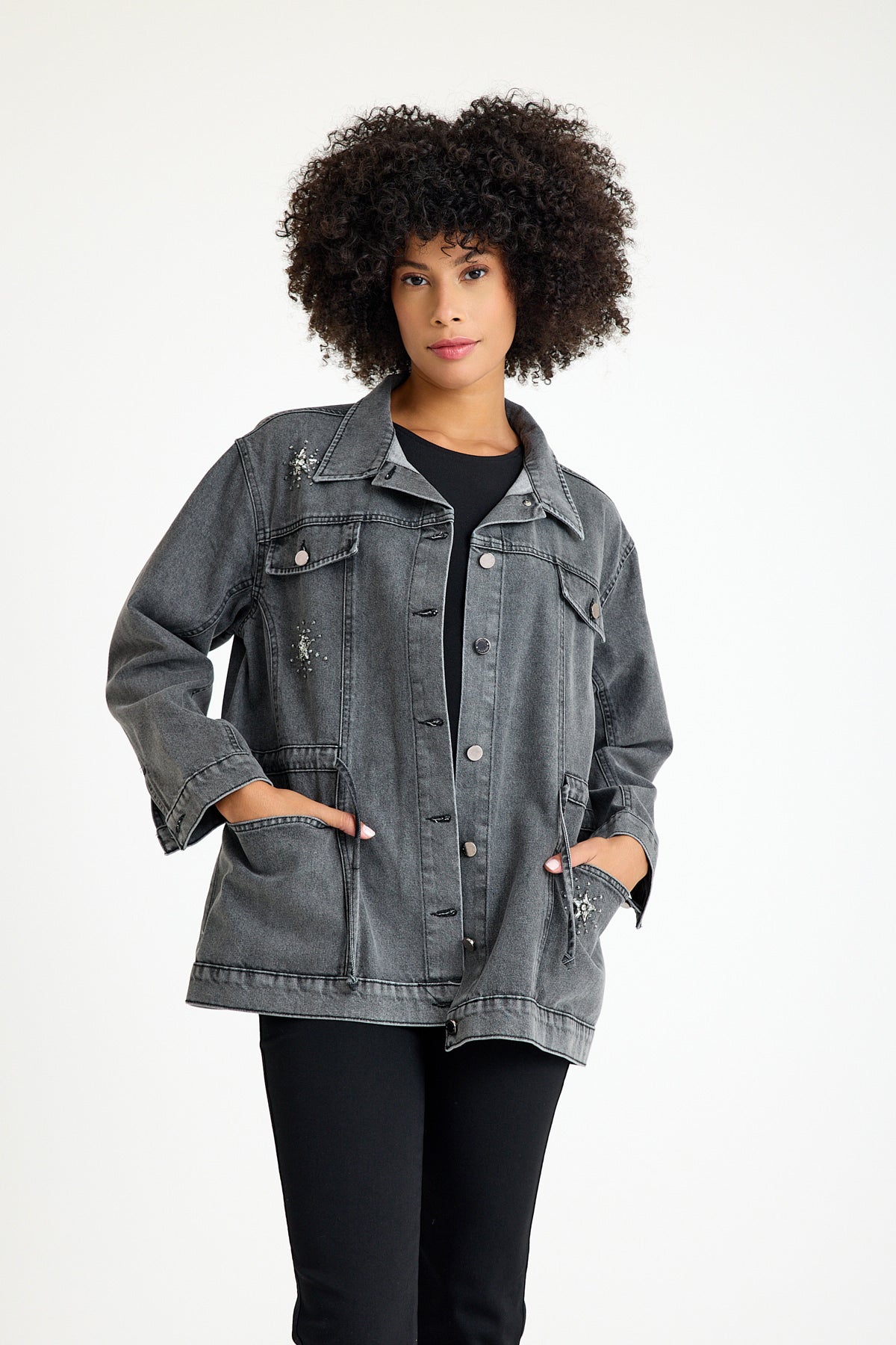 Oversize Fit Denim Ceket Gri İşleme Detaylı