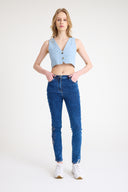 Kadın Yüksek Bel Likralı İşlemeli Mavi Jeans