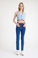 Kadın Yüksek Bel Likralı İşlemeli Mavi Jeans