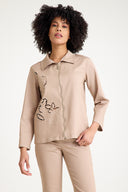 Women's Beige Embroidered Detail Zipper Jacket - BEIGE