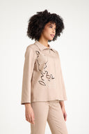 Women's Beige Embroidered Detail Zipper Jacket - BEIGE