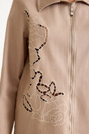 Women's Beige Embroidered Detail Zipper Jacket - BEIGE