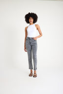 Yüksek Bel Esnek Taş İşleme Detaylı Gri Slim Jeans