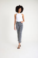 Yüksek Bel Esnek Taş İşleme Detaylı Gri Slim Jeans