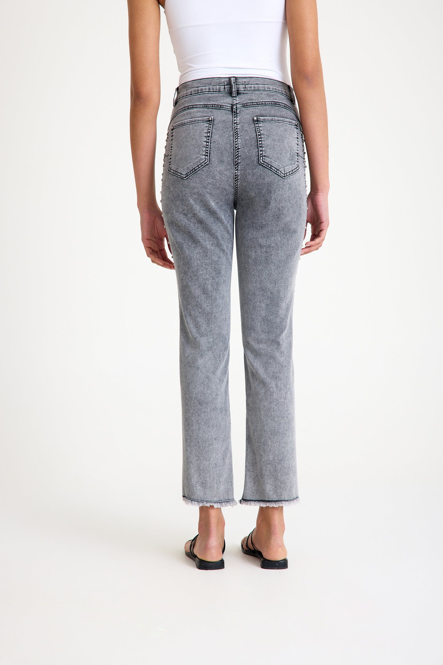 Yüksek Bel Esnek Taş İşleme Detaylı Gri Slim Jeans