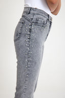 Yüksek Bel Esnek Taş İşleme Detaylı Gri Slim Jeans